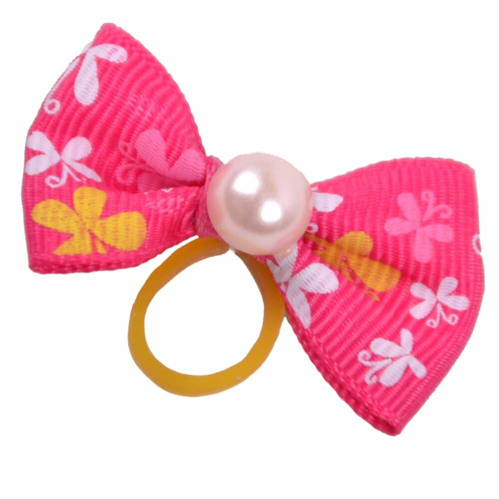 Dog hair bow rubberring rose - with a butterfly and a pearl by GogiPet