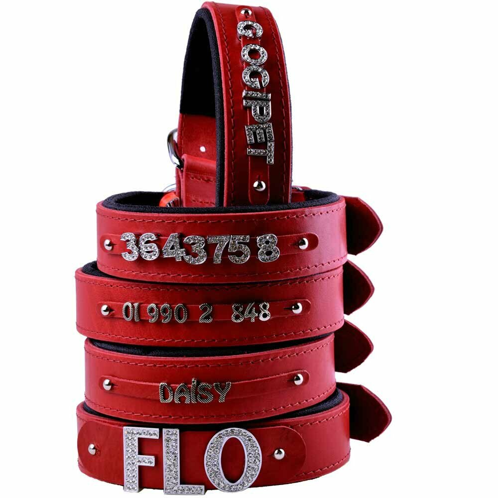 Real leather name collar red with adapter for rhinestone letters
