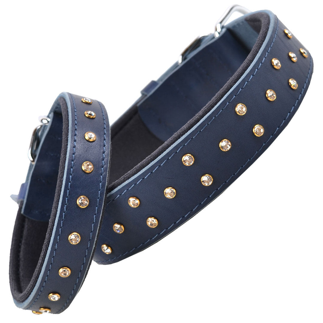 Handmade Swarovski comfort leather dog collar blue