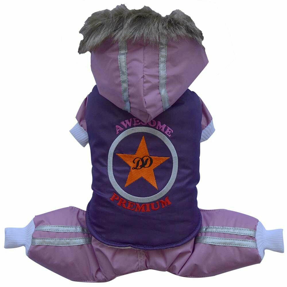 Snowsuit for dogs pink and purple - warm dog clothes with detachable hood and removable trousers