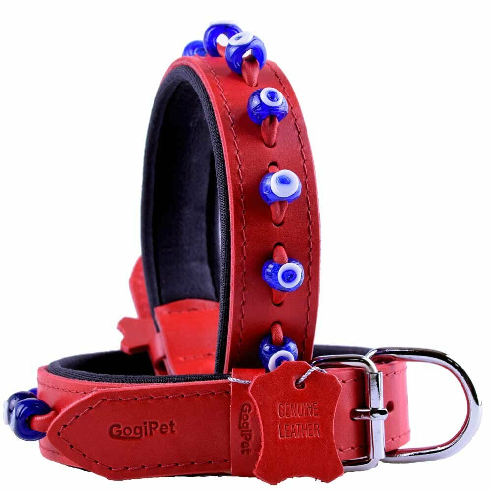 Traditional Talisman leather dog collar in red leather with soft lining by GogiPet®