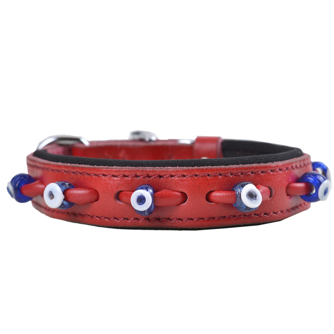 Handmade Nazar dog collar in red leather