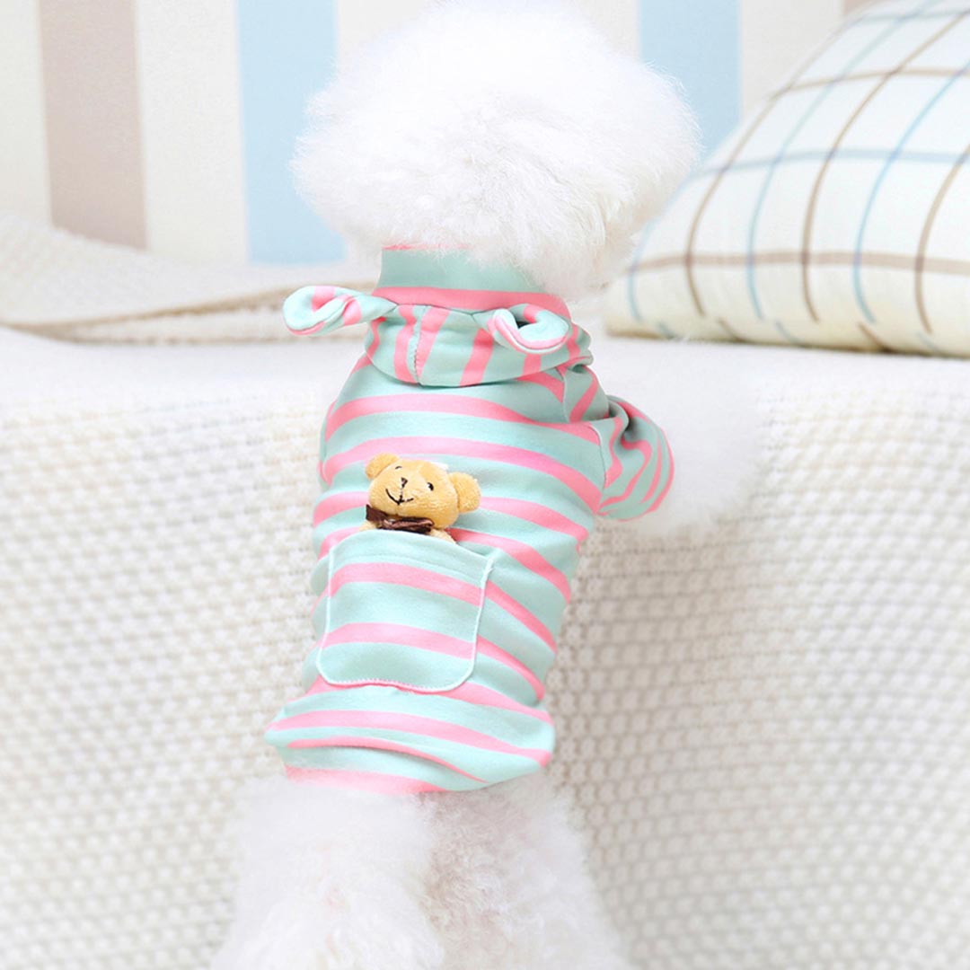 Hooded Dog Pullover Green Pink Striped Teddy Bear Hoodie