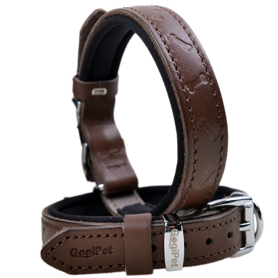 GogiPet 3D comfort leather dog collar brown with bone