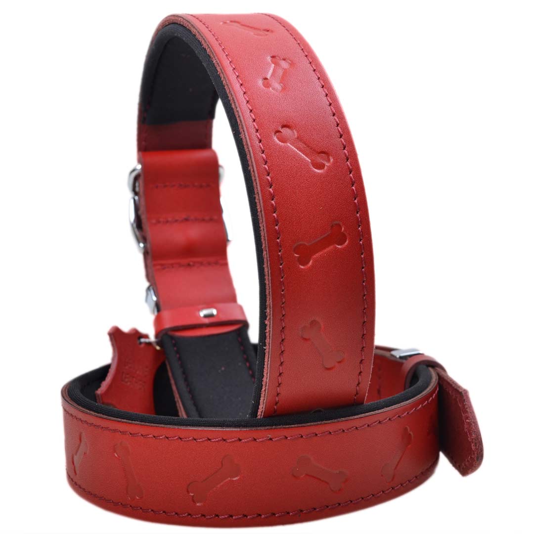GogiPet 3D Comfort Leather Dog Collar Red with Bone
