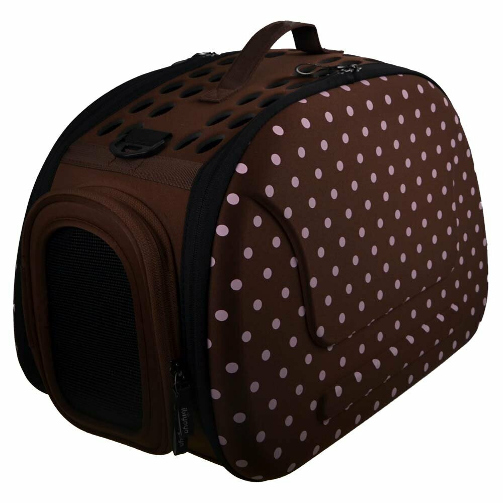 Brown dog carrier with pink polka dots