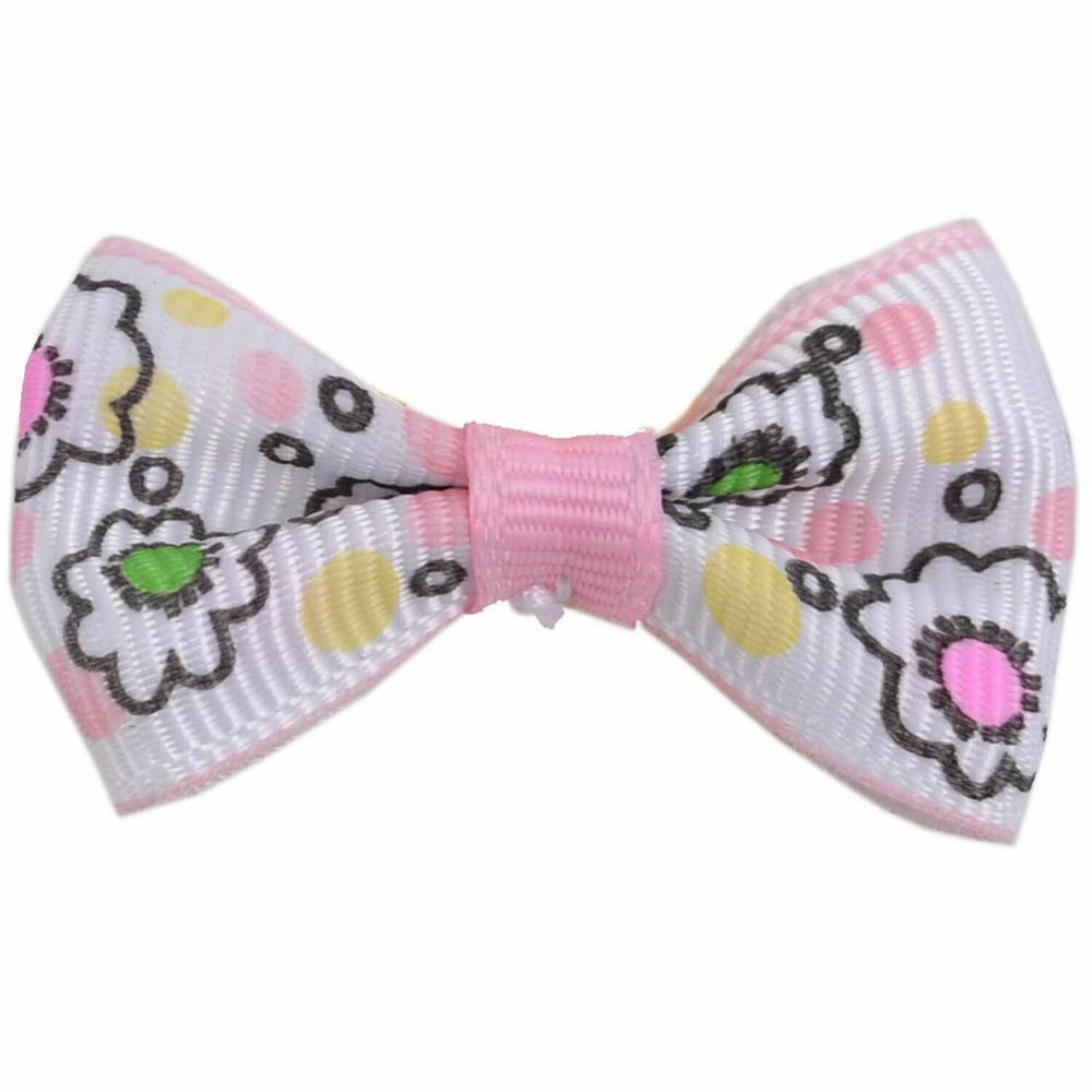 Handmade dog bow soft pink - white with flowers by GogiPet