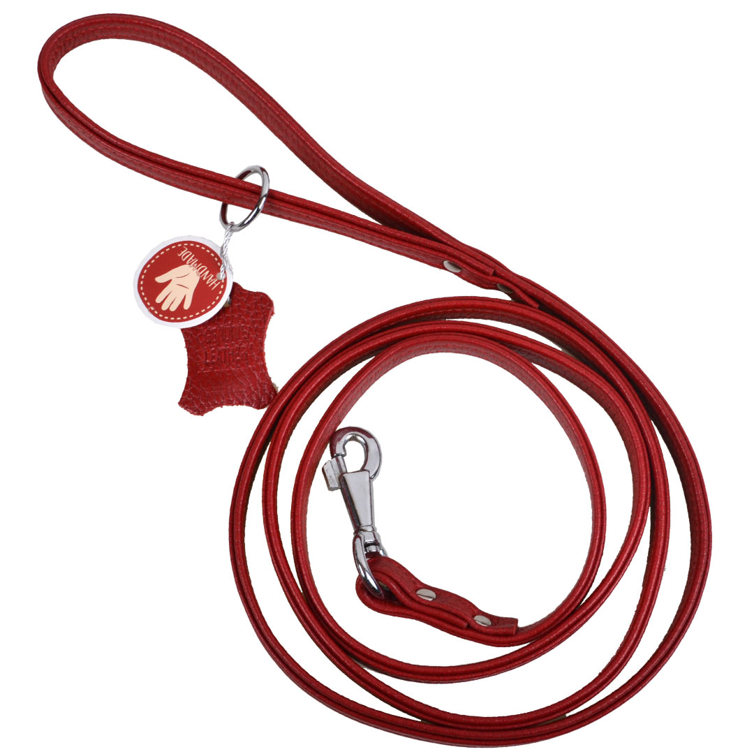 Handmade, red floater leather dog leash with metal ring for the poop bag dispenser