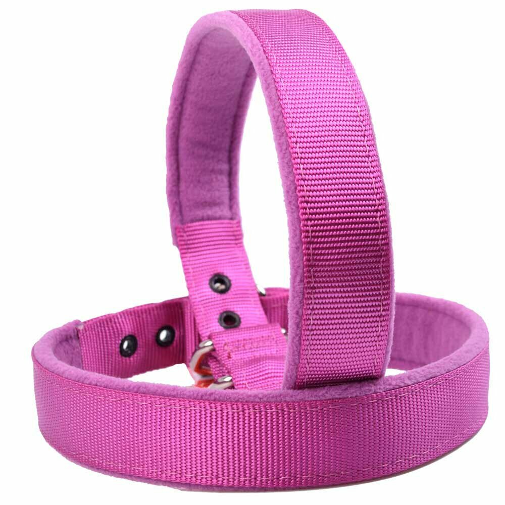 Very robust and cuddly soft dog collar made of purple Super Premium fabric with fluffy padding