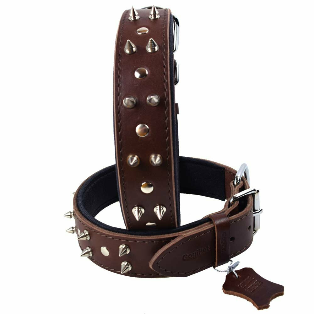 GogiPet® Spike leather dog collar brown