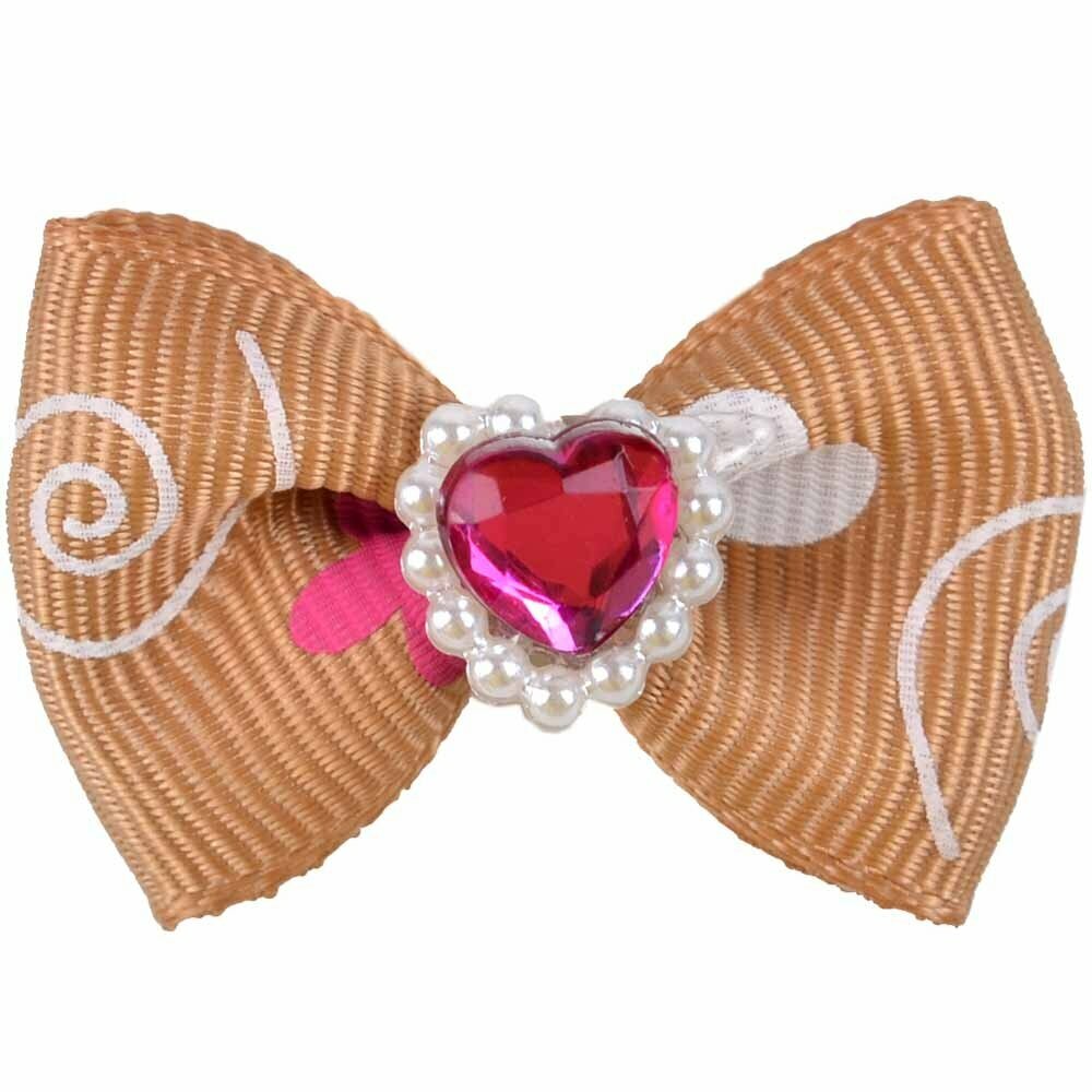 Handmade dog bow brown with a glittering heart by GogiPet®
