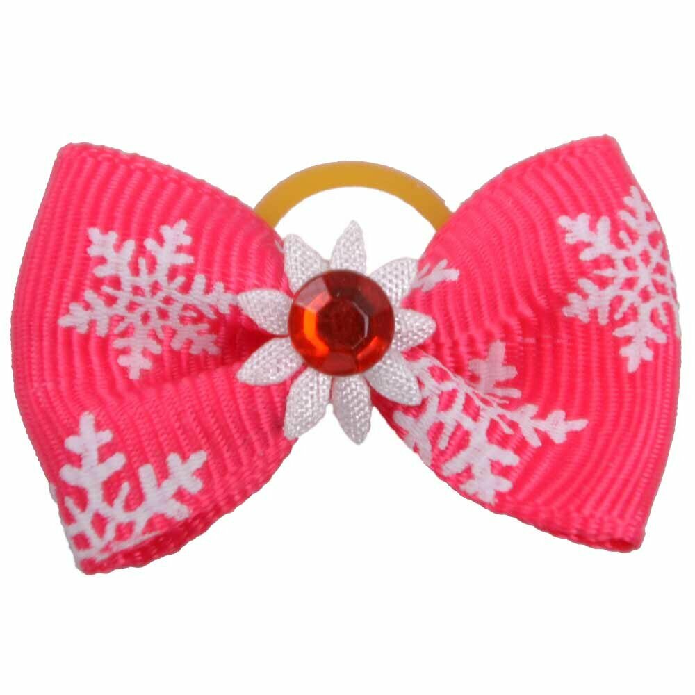 Handmade dog bow pink with snowflackes and sparkling stone by GogiPet