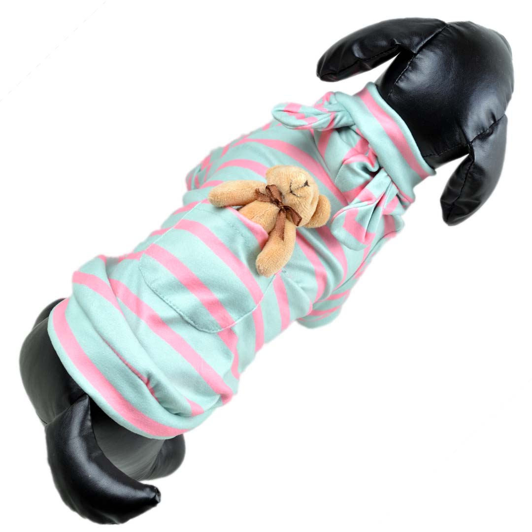 Hooded dog pullover green-pink striped with teddy bear