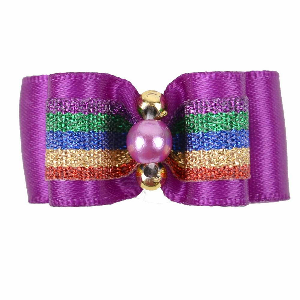 GogiPet dog bow purple "Oihane" with rainbow and pearl