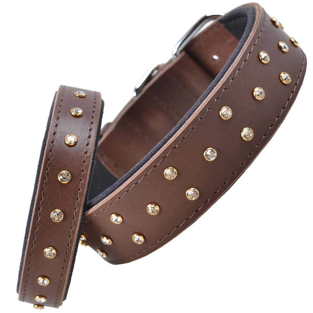 Handmade Swarovski comfort leather dog collar brown
