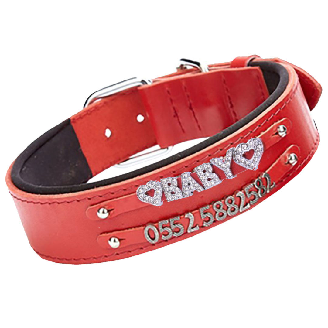 Leather dog collar red as name collar or number collar for metal and rhinestone motifs