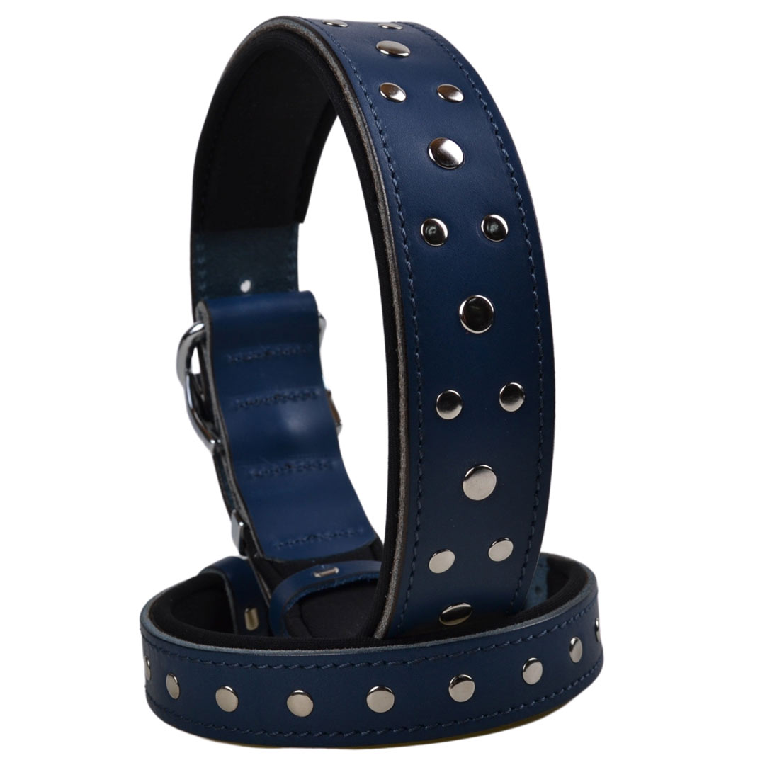 Blue, handmade GogiPet rivet dog collar made of leather