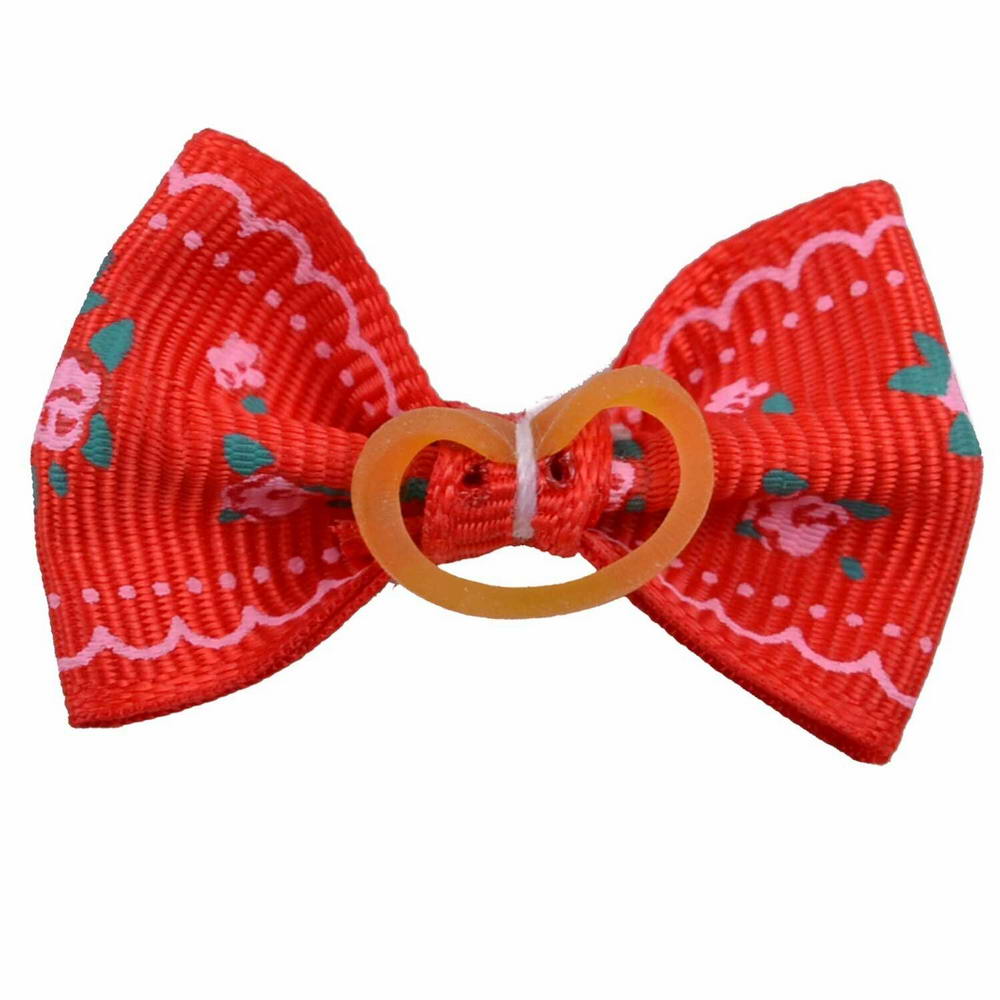 Dog hair bow rubberring red with roses by GogiPet