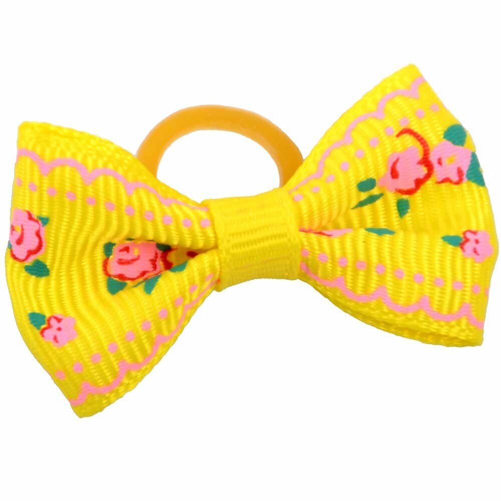 Dog hair bow rubberring yellow with roses by GogiPet