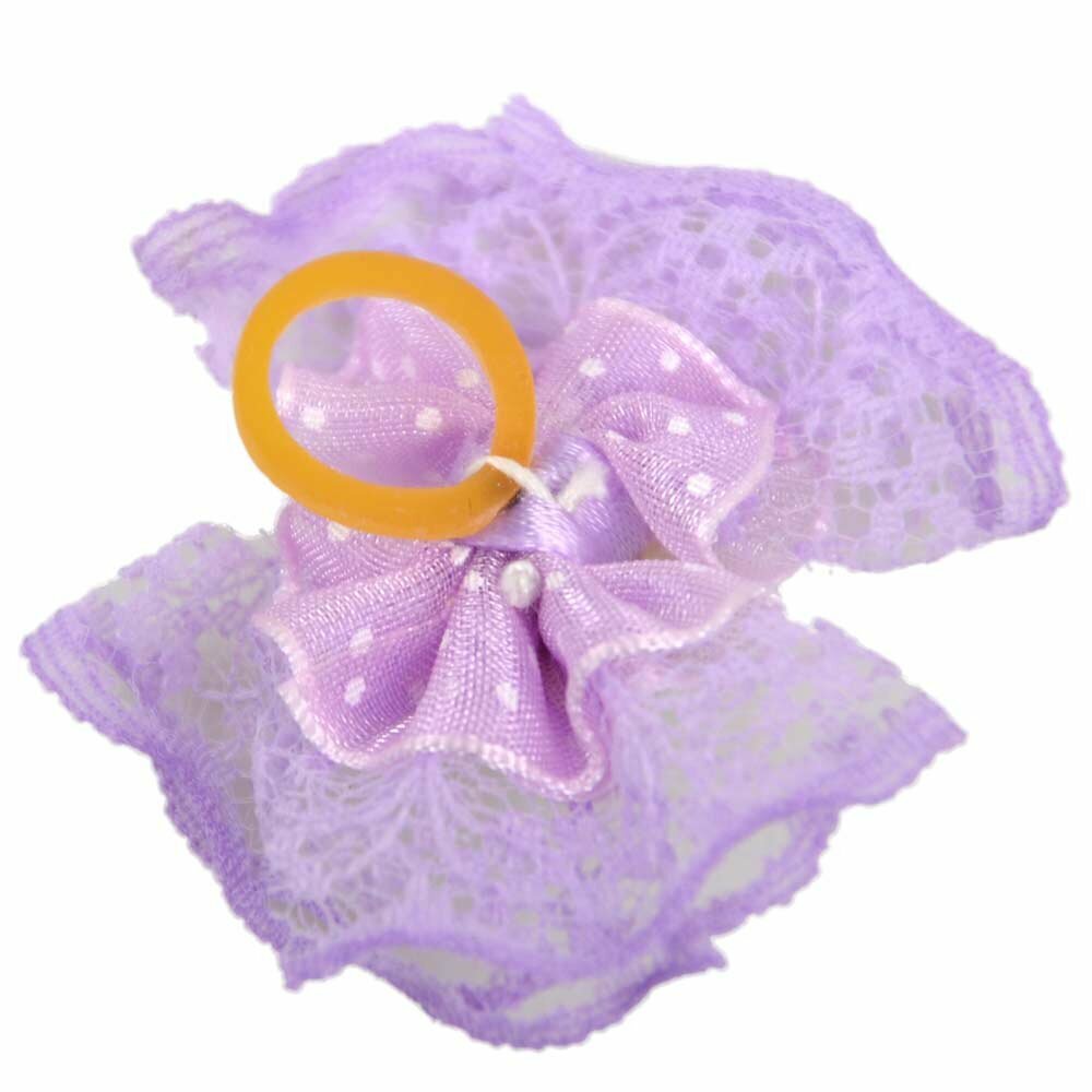 Dog bow with rubber ring - made of purple lace with glittering stone by GogiPet