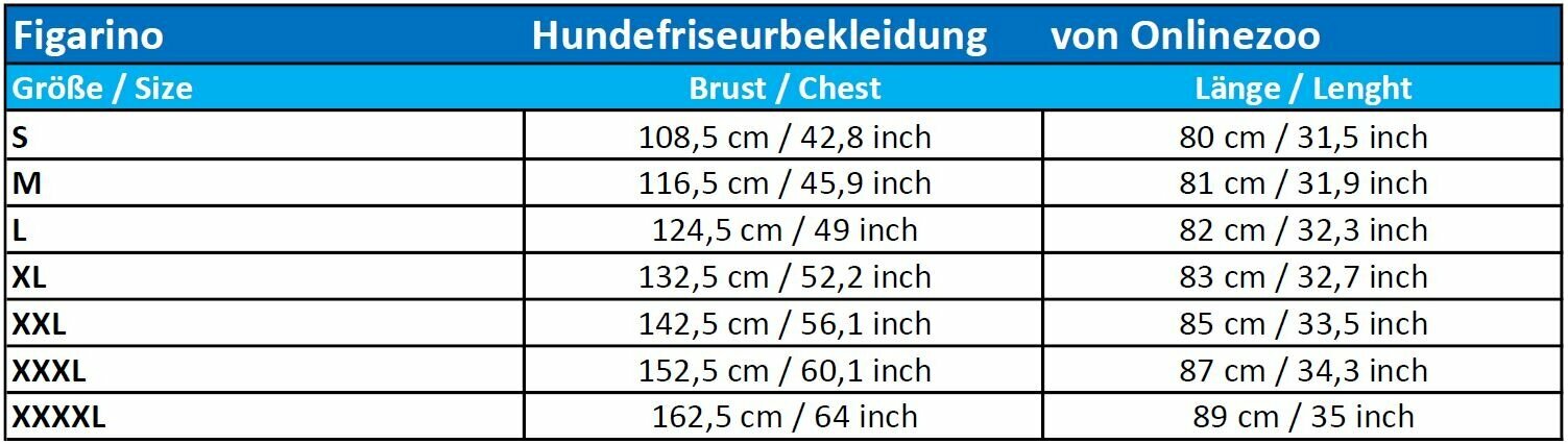 Size chart for this dog groomer clothing