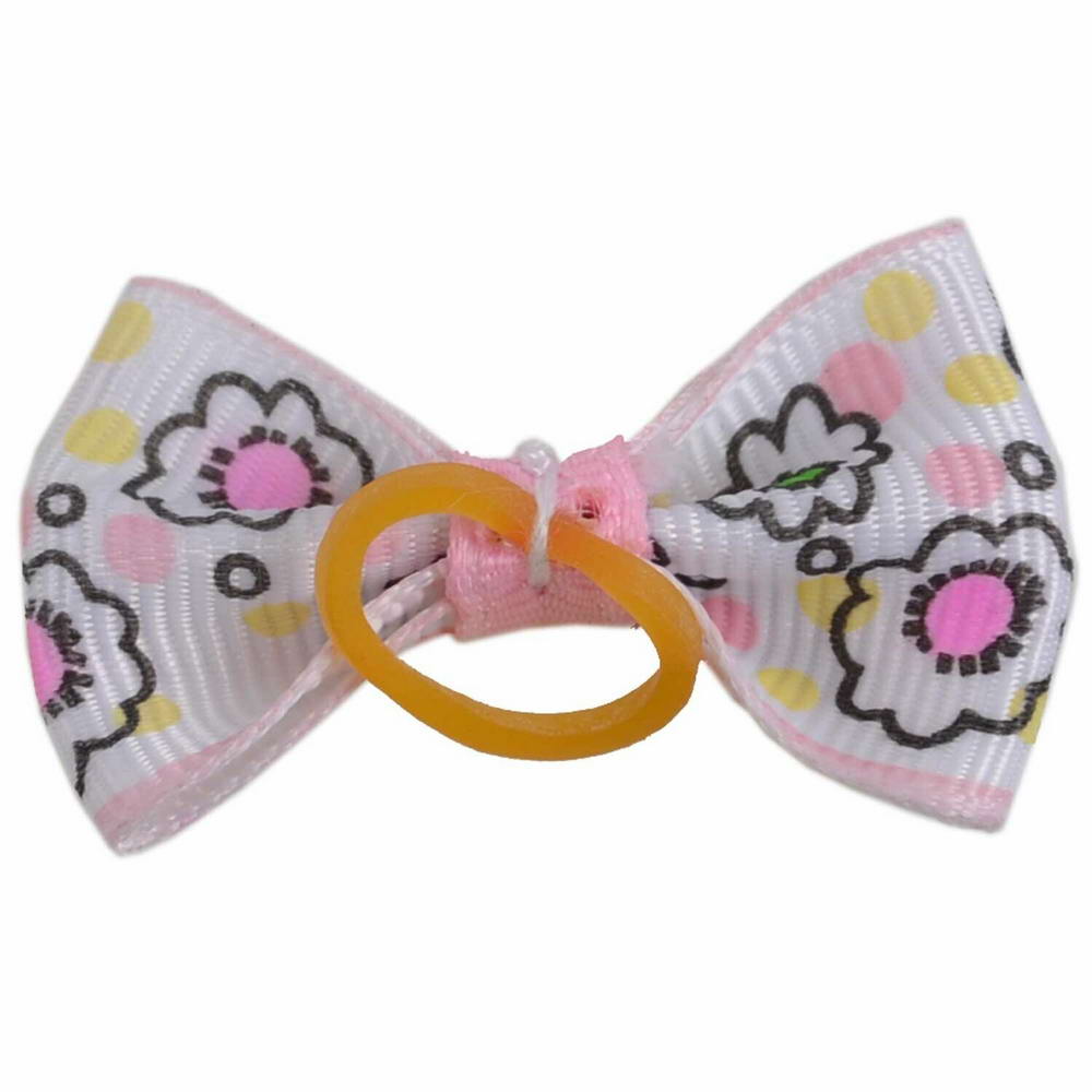 Dog hair bow rubberring soft pink - white with flowers by GogiPet