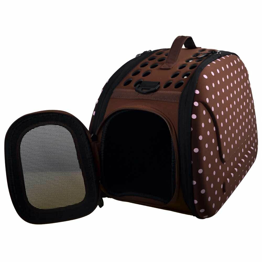 Brown dog carrier with pink dots