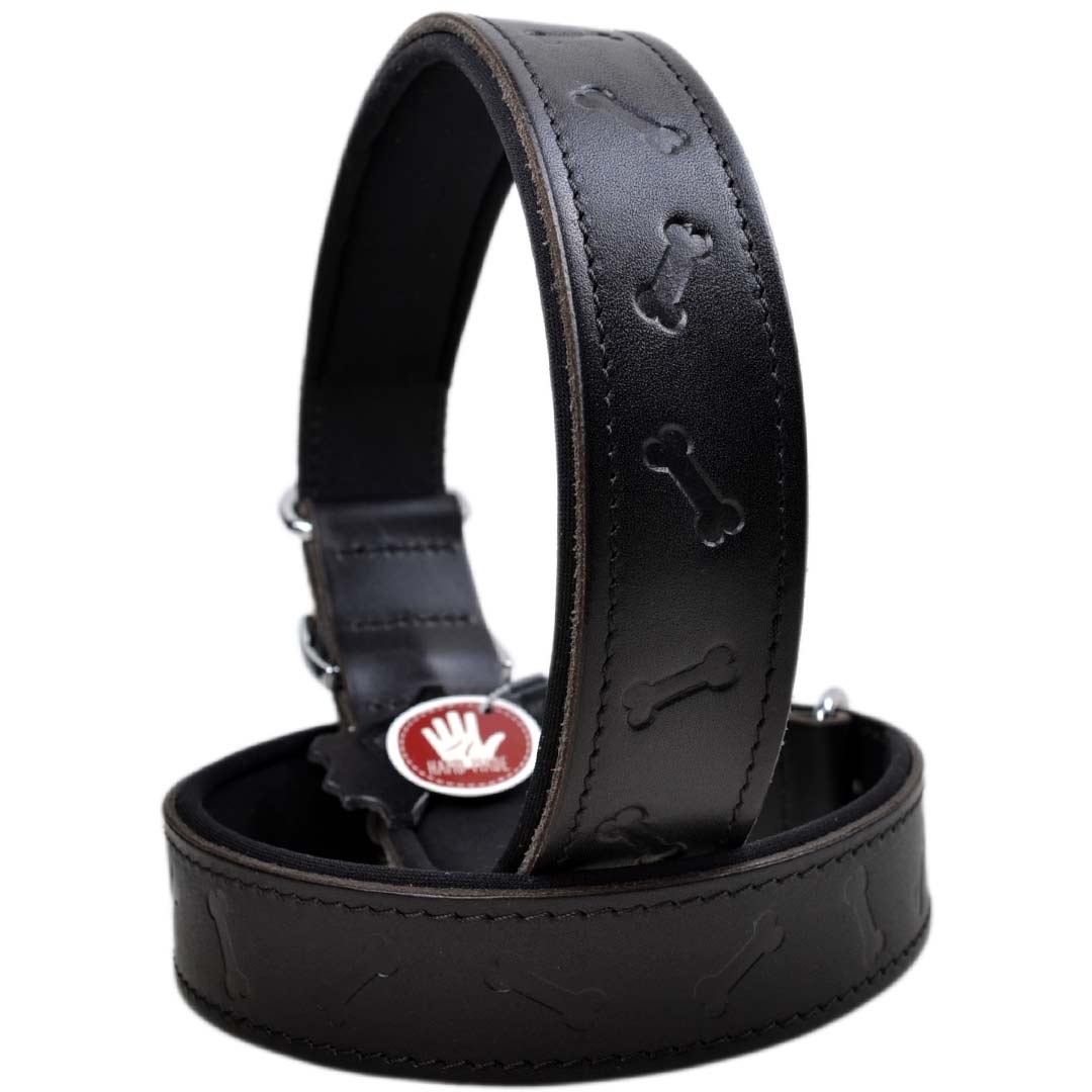 GogiPet 3D Comfort Leather Dog Collar Black with Bone
