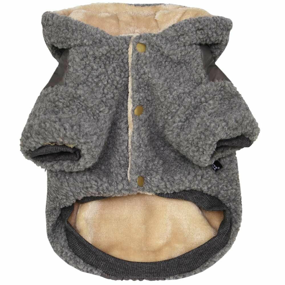 Warm, fluffy hooded dog coat gray