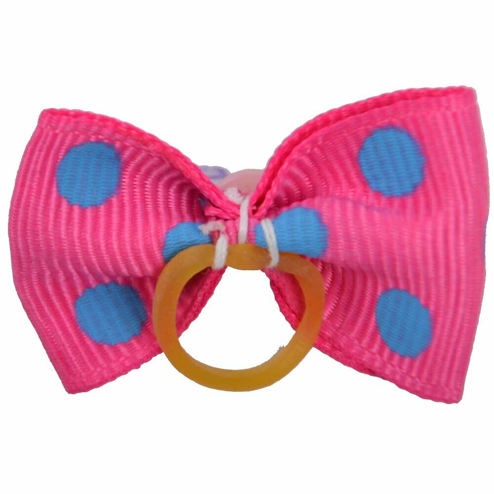 Dog hair bow rubberring pink- with blue dots and a pearl by GogiPet