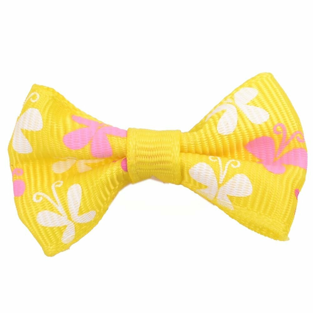 Handmade dog bow bright yellow with flowers by GogiPet