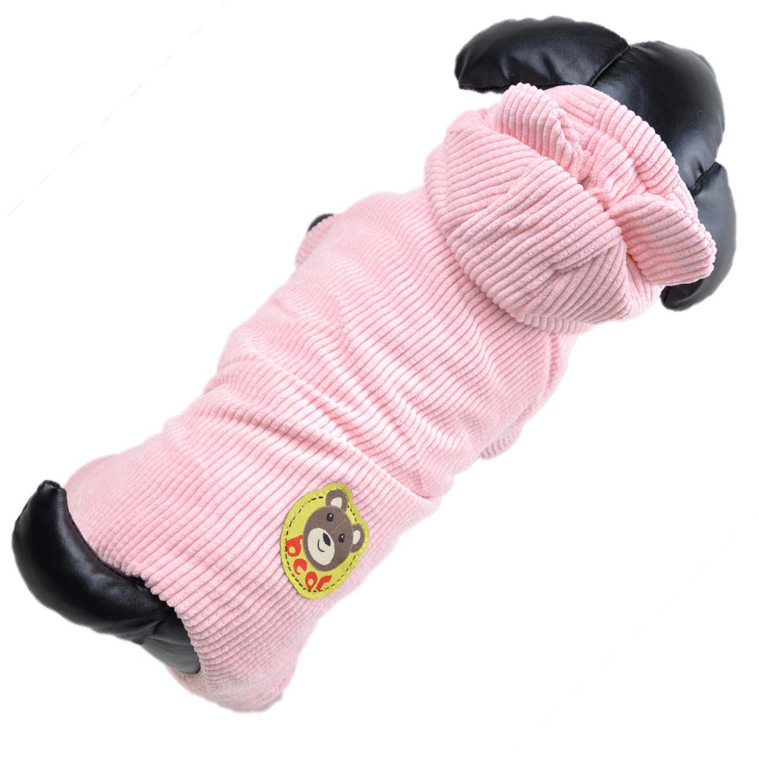 Pink corduroy dog coat with bear ears - warm dog clothes