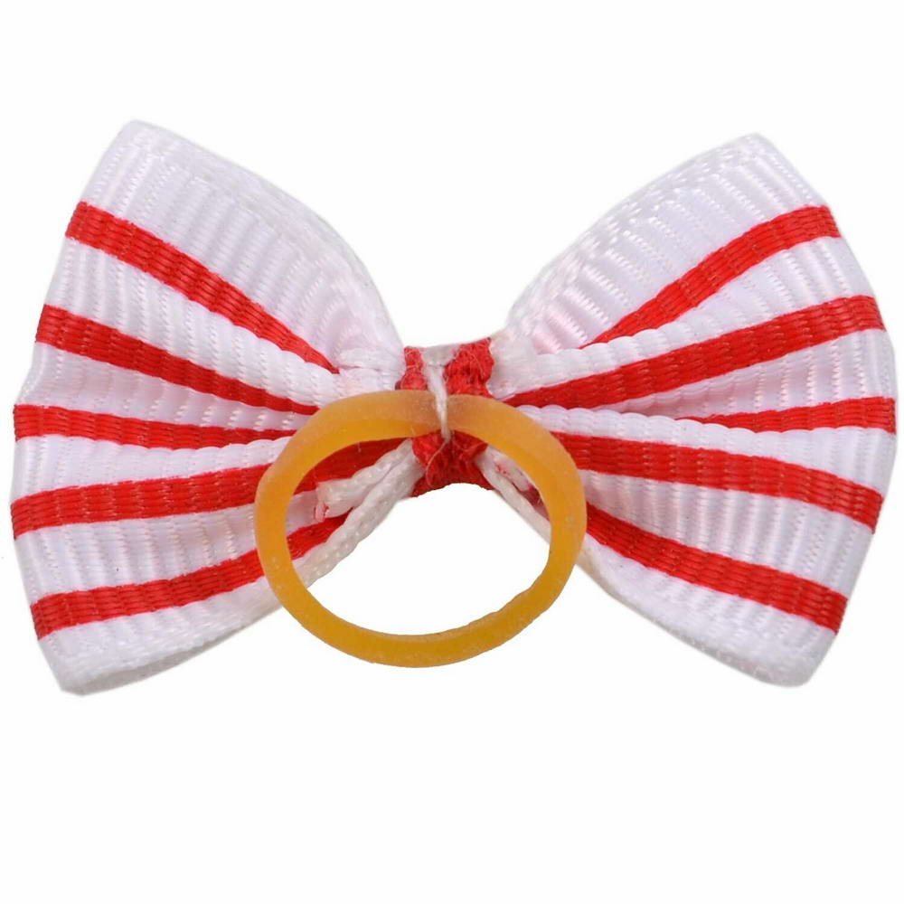 Hair bow with rubber band white with red stripes by GogiPet