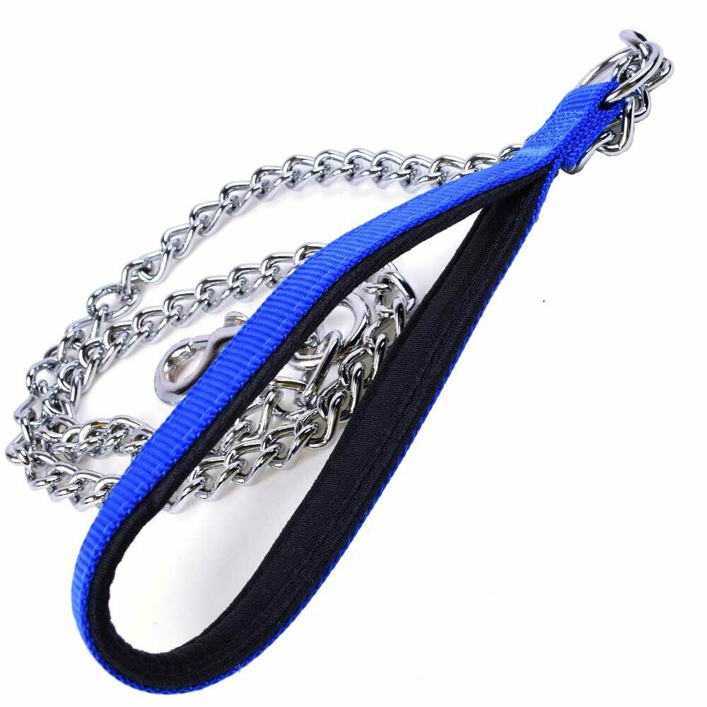 chains dog leash with snails chain and blue lined handle