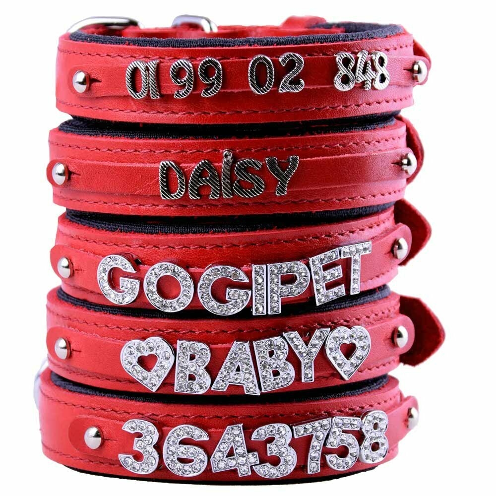 Red genuine leather dog collars to design yourself with letters and numbers as name collars
