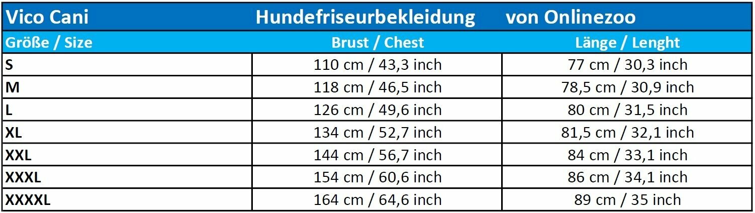 Size chart for this dog hairdresser clothing