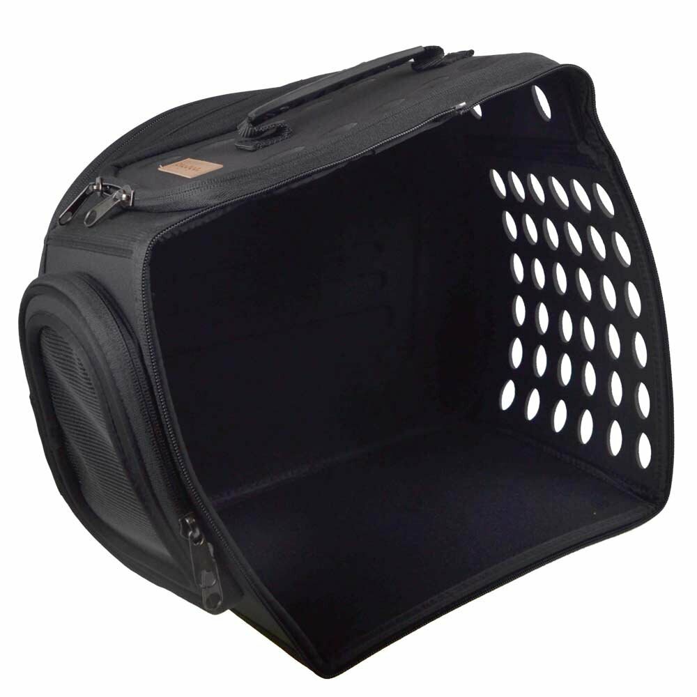 Spacious dog carrier with safety line for collar or chest harness