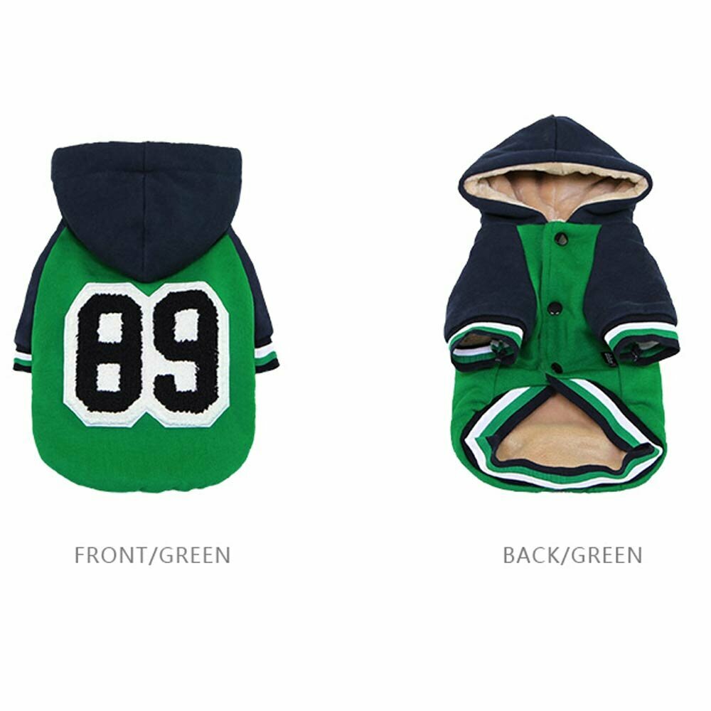 Front view and rear view of the warm dog jacket of GogiPet - green dog jacket Baseball 89