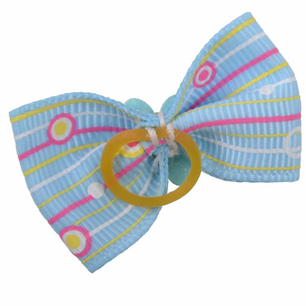 Dog bow with rubber ring - circles with glittering stone blue and flower by GogiPet