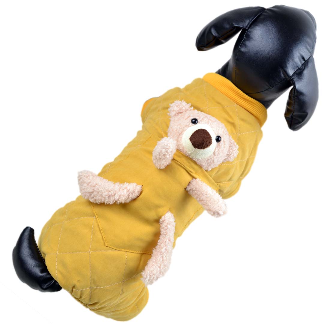 yellow warm dog coat with teddy bear
