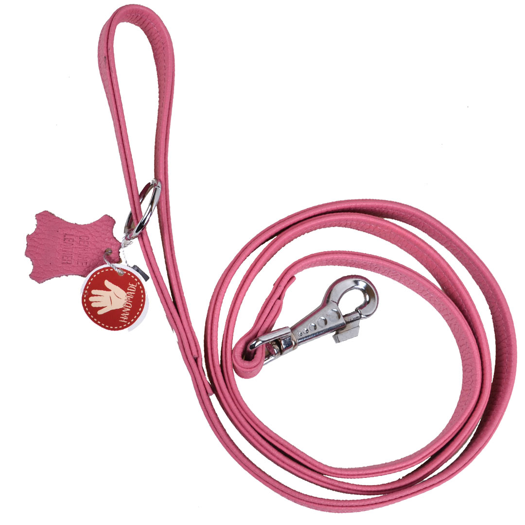 Handmade, pink floater leather dog leash with metal ring for the excrement bag dispenser