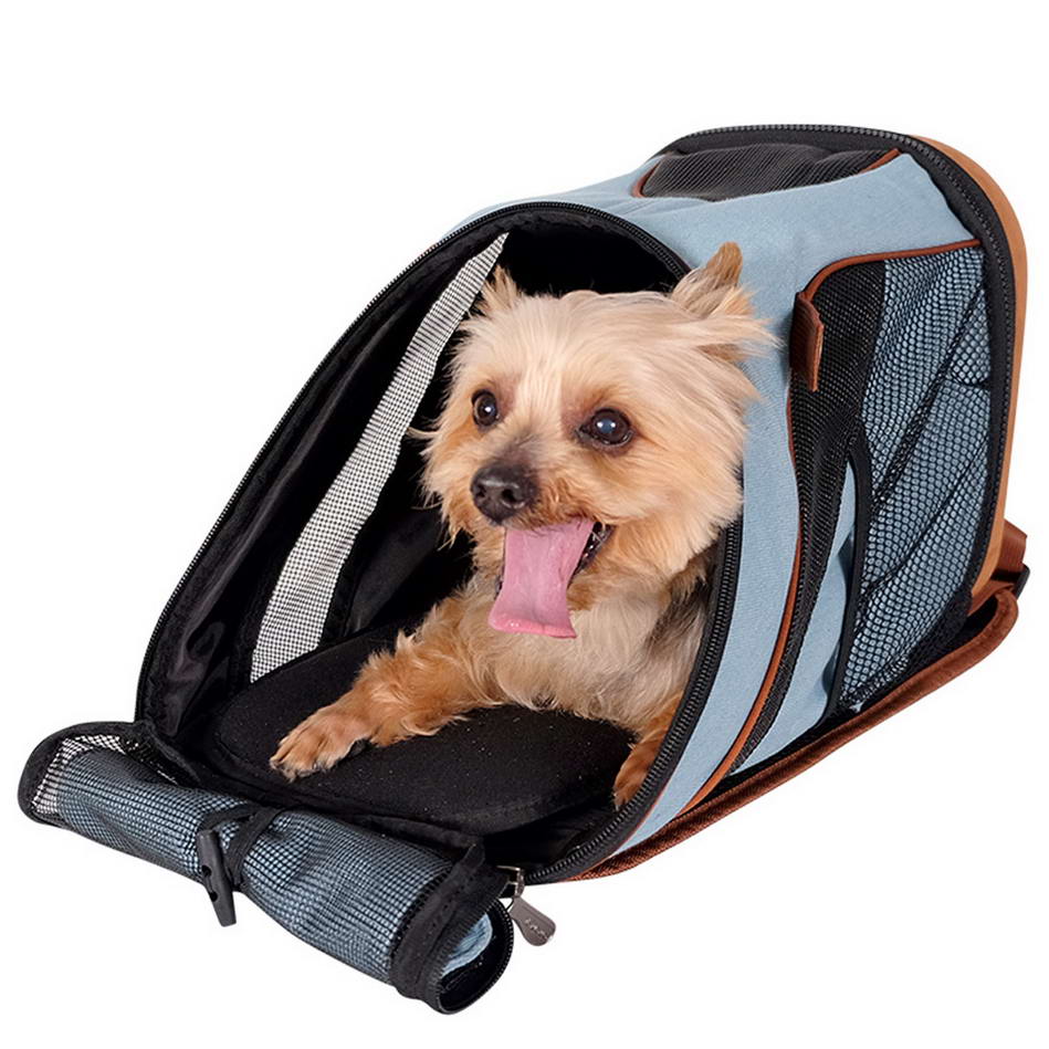 Dog backpack and dog bed for on the go made of jeans for small dogs