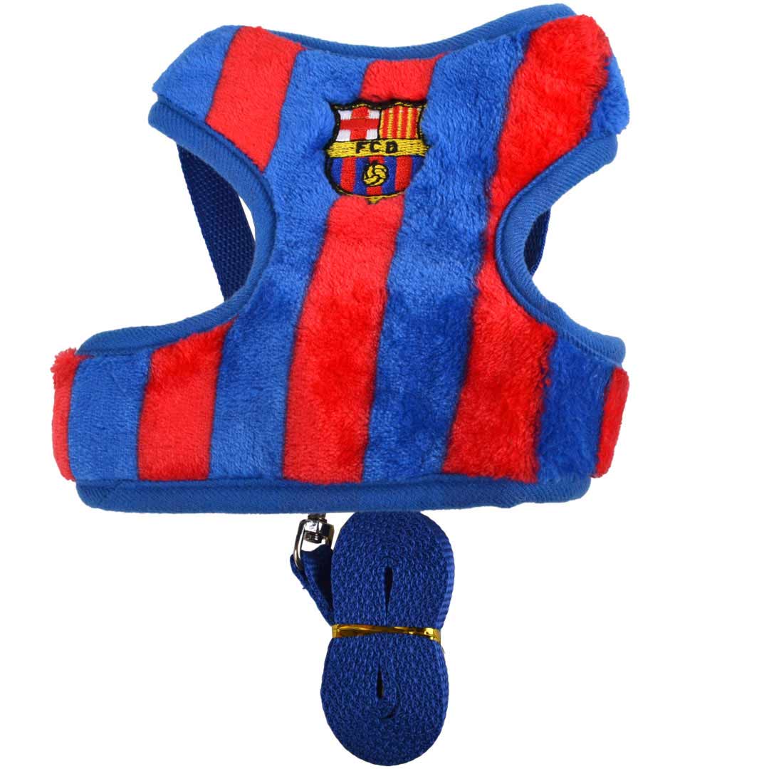 Soft dog harness FC Barcelona. Football soft harness for dogs with leash in a set