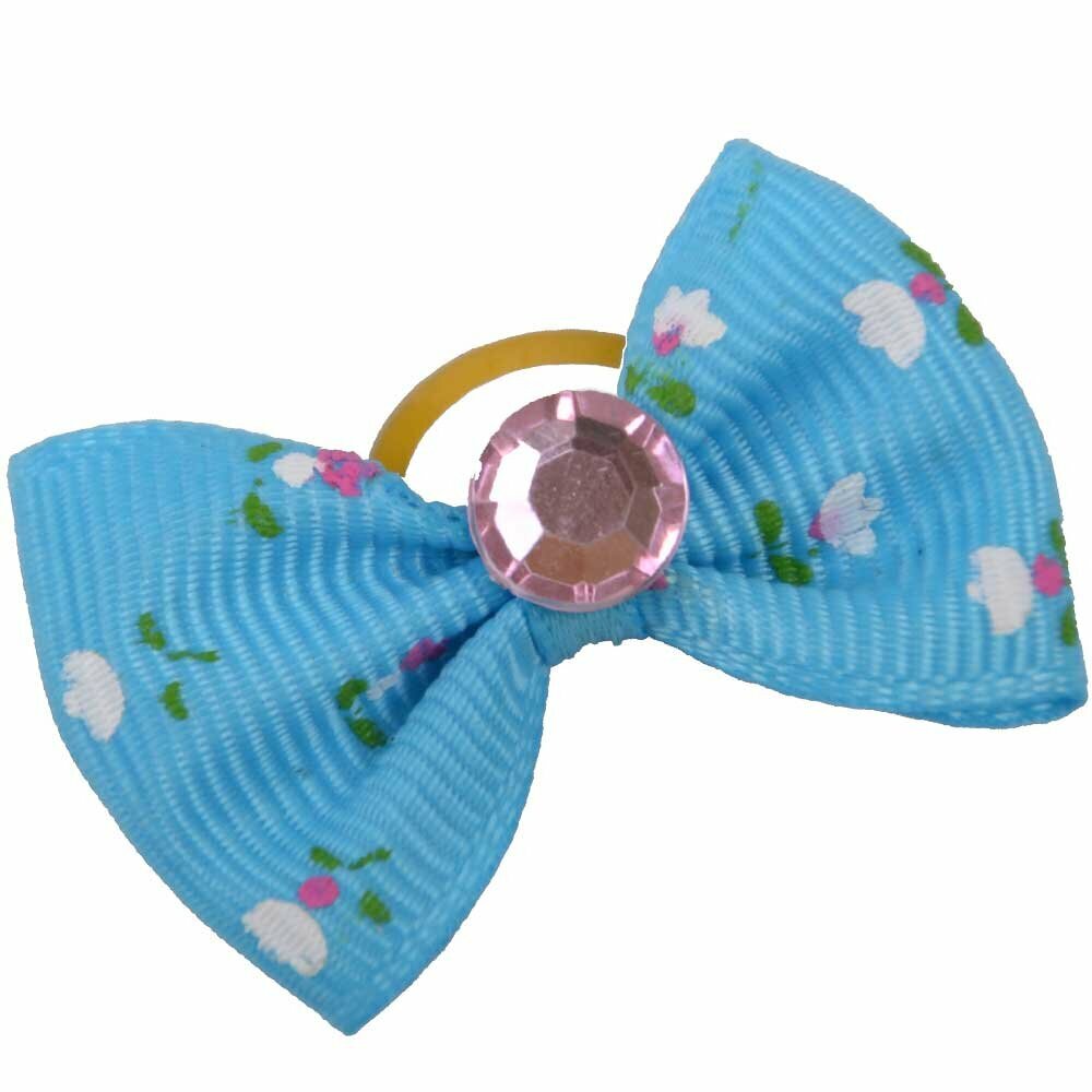 Dog hair bow rubber ring light blue with flowers and glittering stoneby GogiPet