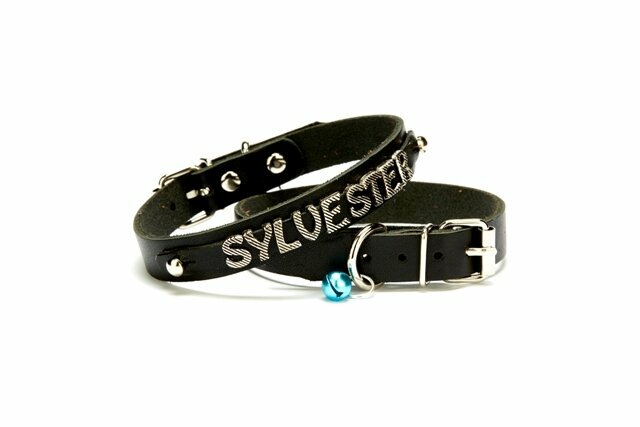 Name collar made of genuine leather black with 23 cm