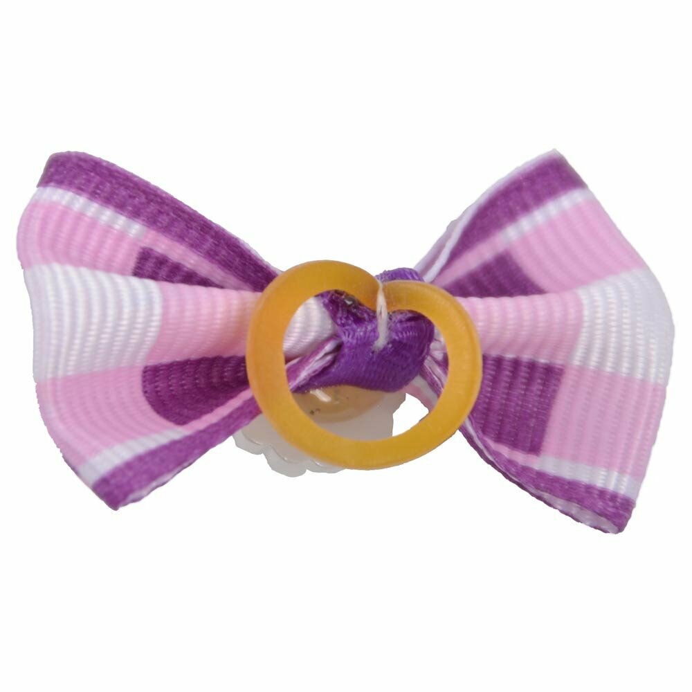 Dog bow with rubber ring - purple checkered with stone by GogiPet