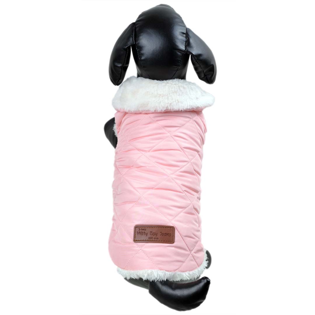 Pink dog anorak with fluffy fur collar