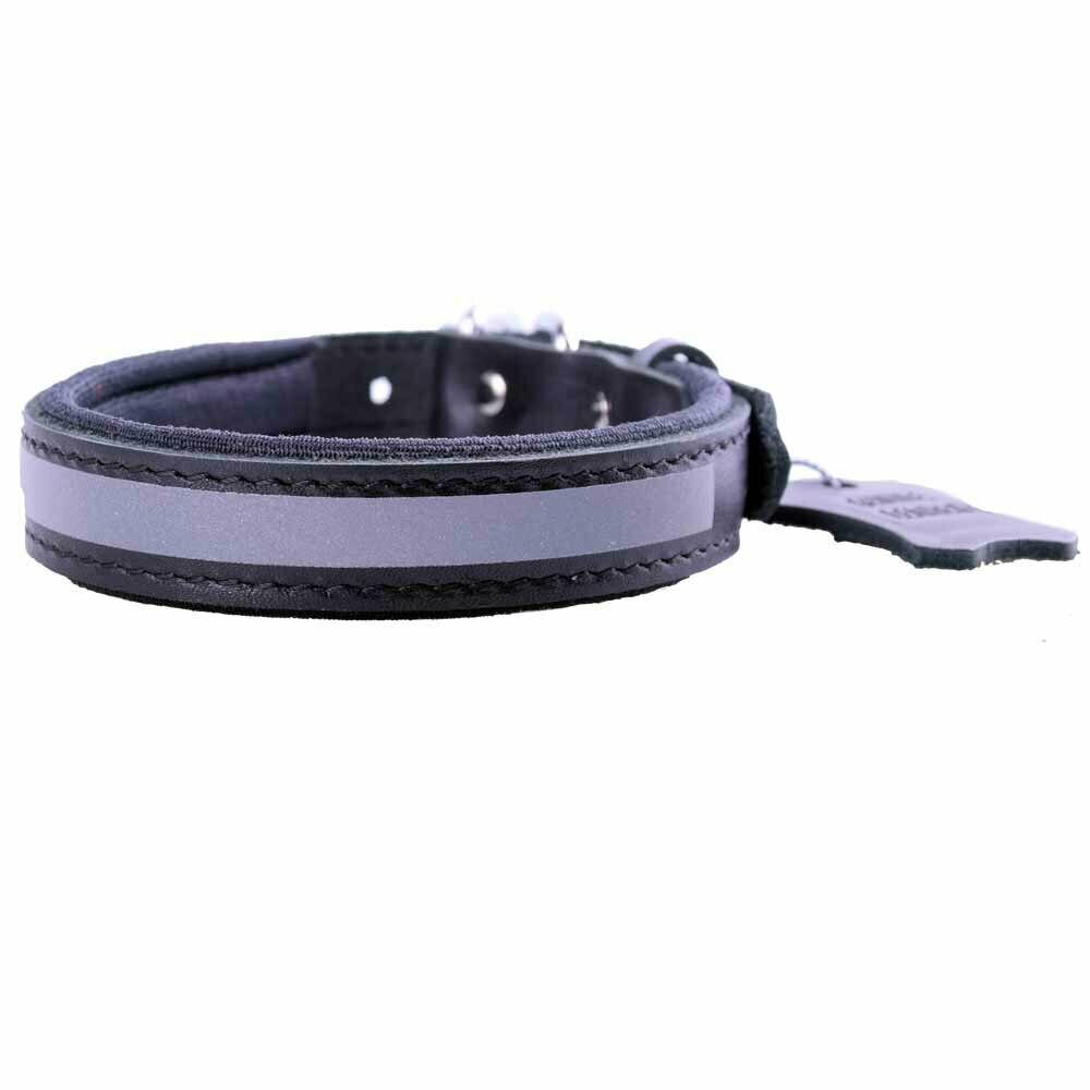 Black leather dog collar with soft lining and reflective stripes