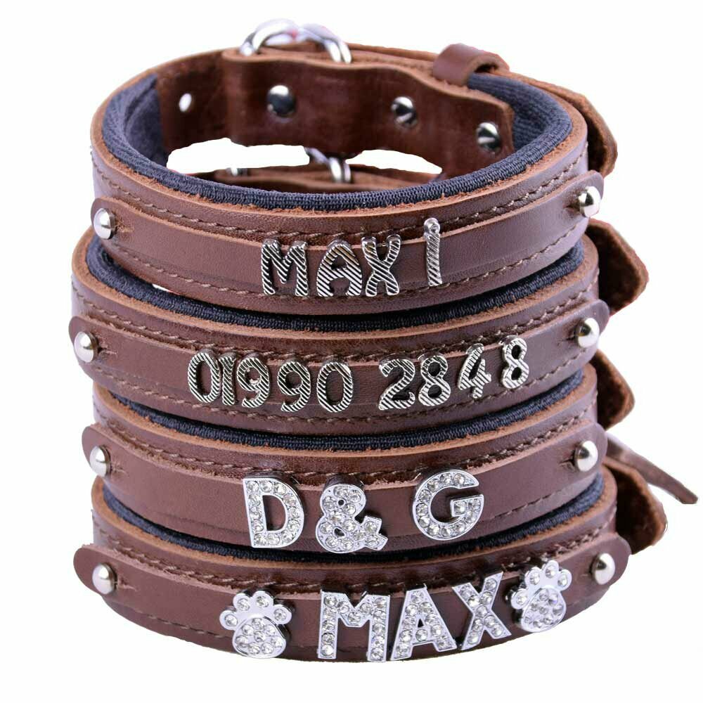 Brown genuine leather dog collars to design yourself with letters and numbers as name collars