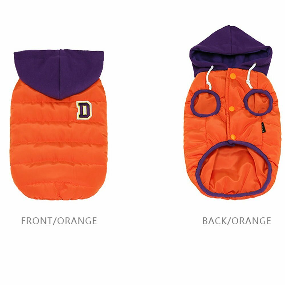 Front view and rear view of GogiPet ® dog anorak orange hooded  